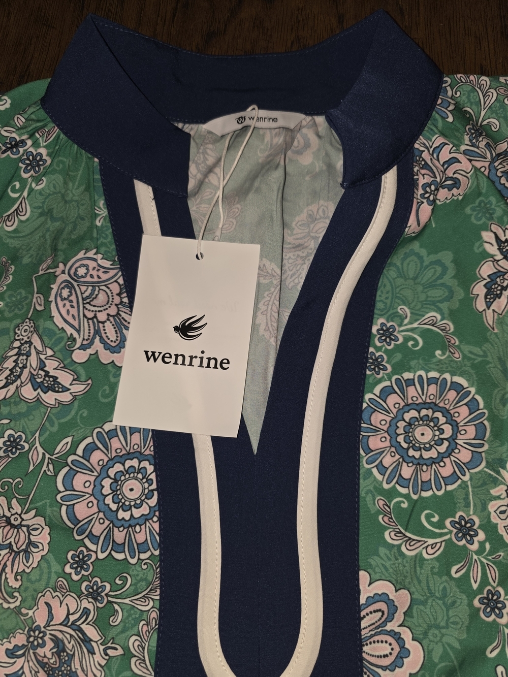 Women's Green Floral Mini Dress with Navy Trim - Picture 3 of 8
